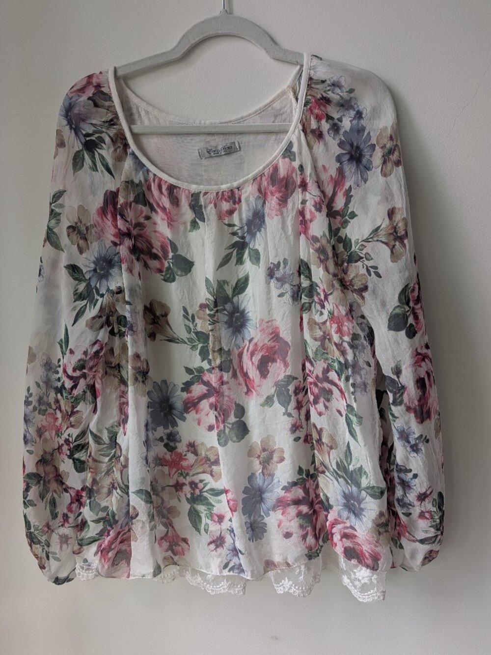 Elena Baldi Italy 100% Silk Floral Blouse with Lace Trim